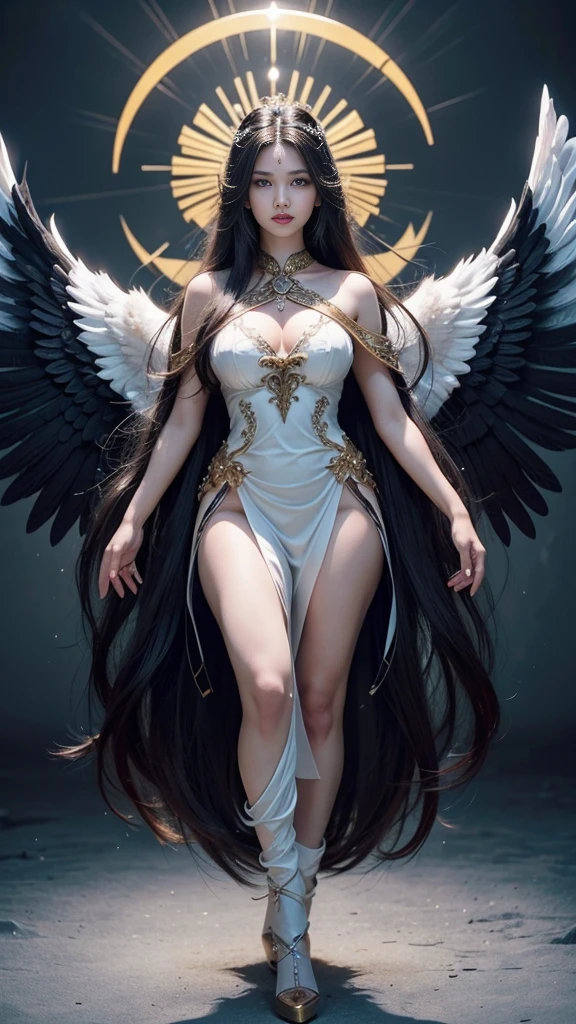 An angel has 12 wings on her shoulders.., wings burst from wings, have many wings, wings separated, Twelve wings rested on his shoulders.., have many wingsออกมาจากไหล่., pure black wings, Realistic picture, highest resolution, 16k, A god with wide wings and enormous power on his shoulders..., wings overlapping wings on shoulders., Add dynamic wings, Beautiful girl with two meter long hair, my hair is very long, long black hair, extra long hair, striking long hair, Beauty that comes from long hair, long black hair, Long, flowing hair, Smooth white skin, Smooth white skin, shiny hair, very red lips, charming standing posture, big breasts, big breast, big breasts, The breasts are soft and fluffy.., Plump breasts, Plump breasts, eye-catching breasts, small waist, hips raised, small thighs, Long legs, Women who are 172 centimeters tall, perfect proportions, Anatomically correct, proportional anatomy, dynamic poses, Short white dress with black embroidery, a few pieces of jewelry, gold armor, Float in the air, dark sky backdrop, dark sky, See the whole body., like full body, Visible in every part of the body, back light