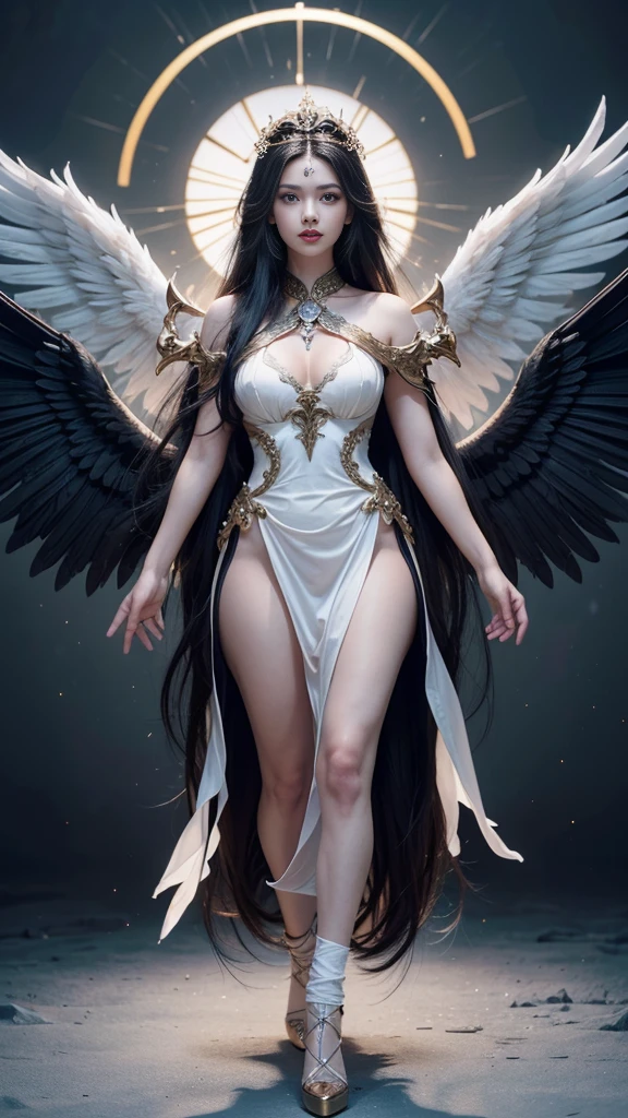 An angel has 12 wings on her shoulders.., wings burst from wings, have many wings, wings separated, Twelve wings rested on his shoulders.., have many wingsออกมาจากไหล่., pure black wings, Realistic picture, highest resolution, 16k, A god with wide wings and enormous power on his shoulders..., wings overlapping wings on shoulders., Add dynamic wings, Beautiful girl with two meter long hair, my hair is very long, long black hair, extra long hair, striking long hair, Beauty that comes from long hair, long black hair, Long, flowing hair, Smooth white skin, Smooth white skin, shiny hair, very red lips, charming standing posture, big breasts, big breast, big breasts, The breasts are soft and fluffy.., Plump breasts, Plump breasts, eye-catching breasts, small waist, hips raised, small thighs, Long legs, Women who are 172 centimeters tall, perfect proportions, Anatomically correct, proportional anatomy, dynamic poses, Short white dress with black embroidery, a few pieces of jewelry, gold armor, Float in the air, dark sky backdrop, dark sky, See the whole body., like full body, Visible in every part of the body, back light