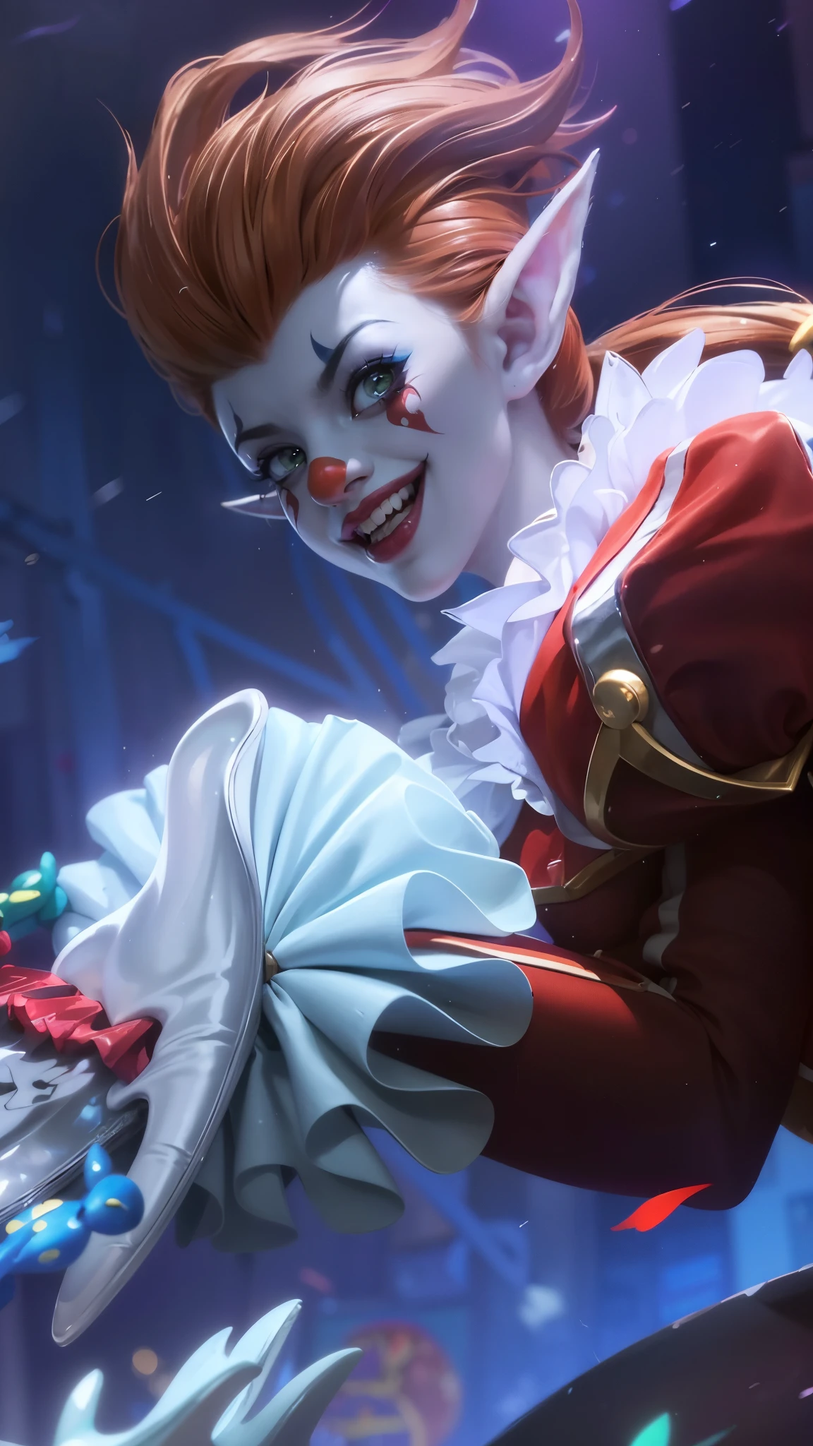 a close up of a clown with a clown makeup on, cutecore clowncore, orianna, official splash art, shaco from league of legends, splash art, kda, iconic character splash art, artgerm detailed, league of legends splashart, league of legends splash art, portrait death clown, portrait of a joker, character splash art, 8k, ultra hd, ultra detailed texture, hyper realistic, masterpiece, detailed texture, detailed face, detailed skin, detailed lighting, (photorealistic:1.5), best quality, beautiful lighting, cinematic lighting, professional lighting, ultra highres, realistic, detailed hair, real hair, high quality, (realskin:1.5), extremely detailed, finely detail, ultra-detailed, elf ear, hand holding candy