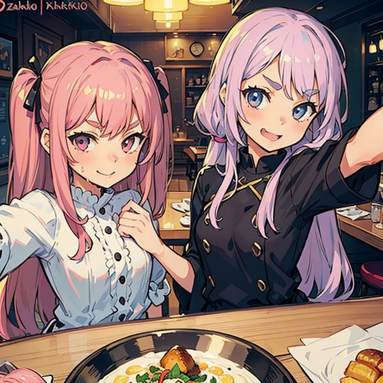 Girl with pink hair, long double-tailed hairstyle, ((small pink bushy eyebrows)), wearing lolita clothing, , lolicon (Zankuro) drawing style by zankuro artist, Zancro style, image uploaded to R34, flirty smile, take a selfie, close-up, showing one ?????? outside the shirt, face very close to the camera, ???? and drool) happy face wavy smile , showing ?????, in restaurant