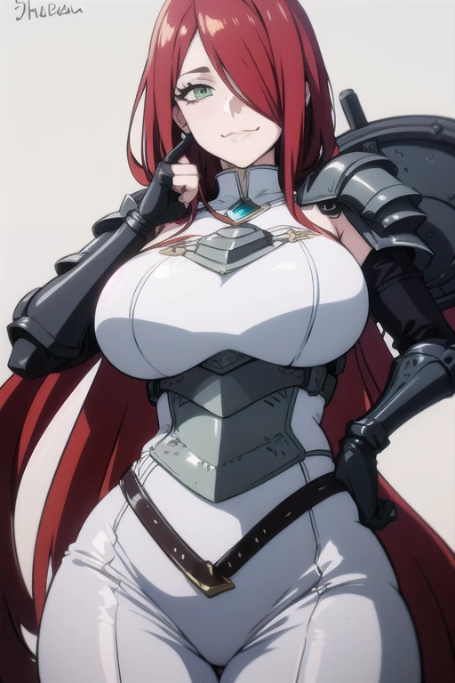 mature women,milf,large breast,beautiful face,long hair, shiny hair, green eyes,high detailed,red hair, hair over one eye,masterpiece,cowboy shot,perfect anatomy,cleveage,stand pose,HENTAI Anime, Pearl White Rubber Suit,Helmet Full Mask (Face Shield)) ((Breastplate Armor)) (Cloak with short collar) ((emblem on chest and forehead)),Gravure,evil smile,