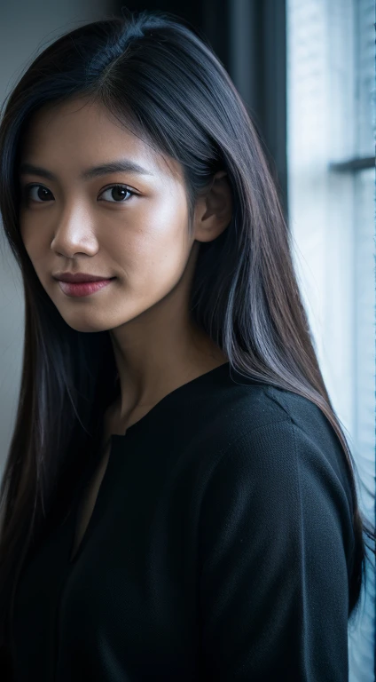 highest quality, epic realistic, ((in the pitch black darkness :1.4)), ((portrait:1.5)),(background: dark ) high contrast ,glorious picture, lowest lux, lighting face, she's comfortable, wearing nothing,  , looks incredible, (8k, Raw photo, Highest quality),(epic realistic:1.5), a woman, face,(detailed eyes:0.8),(looking at the camera:1.4), (Highest quality), ( high contrast, deep shadows),Intricate details,cinematic,((skin:1.4)), (long dark hair:1.3), long hair, messy ,(Hdr:1.5),Detailed, colors, Superior quality, Masterpiece, Raw Photo (20-year-old, looking at viewer), beautiful, (wearing plain yellow shirt,), perfect, natural, perfect composition, portrait, perfect face, smiling expression, Captivating eyes, Bright details, Tight lips, (High Skin Detail),, (blue tint: 0.6), (sale: 0.8), (bloody: 0.7), Key lighting , (backlight: 0.5), Medium depth of field, Canon 5d, 50mm lens, f/4 apertures, (Ultra-detailed, Complex detail), sharp focus, soft colors, 8k, Absurd, 80mm, dark background, photography, smiling, pinay, filipina, medium ,