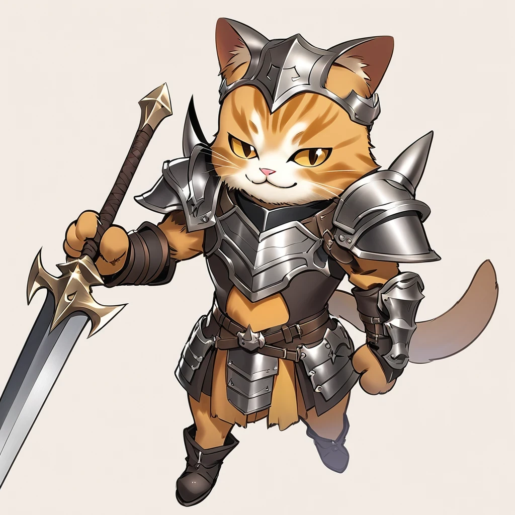 Anthropomorphic Cat,A cat knight in armor,holding a weapon,wearing a helmet