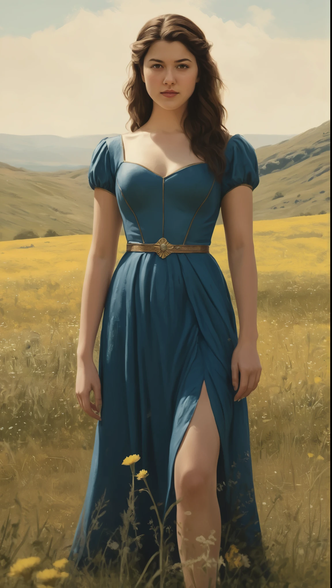 An illustrated movie poster, hand-drawn, full color, a Westerosi teen girl, wearing a regal dress, resembles Mary Elizabeth Winstead, sun-tanned complexion, tall, athletic, hourglass figure, curvy, toned midriff, bottom-heavy, generous hips, massive bubble-butt, ridiculously thick powerful thighs, dark hair, long loose waves, posing in a meadow of wildflowers, hard shadows, graphite shading, stencil marks, airbrushed acrylic paint, masterpiece, in the style of Game of Thrones