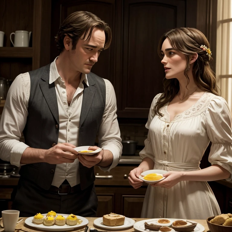 Keira Knightley y Matthew Macfadyen haciendo desayuno con huevos con vestimenta del siglo 18
