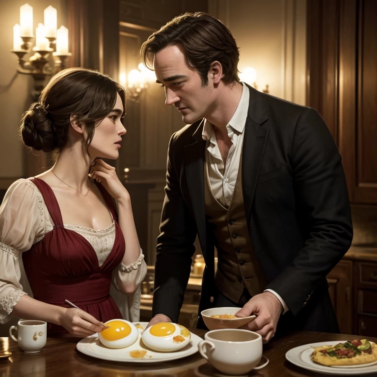 Keira Knightley y Matthew Macfadyen haciendo desayuno con huevos para escena de orgullo y prejuicio con vestimentas del siglo 18