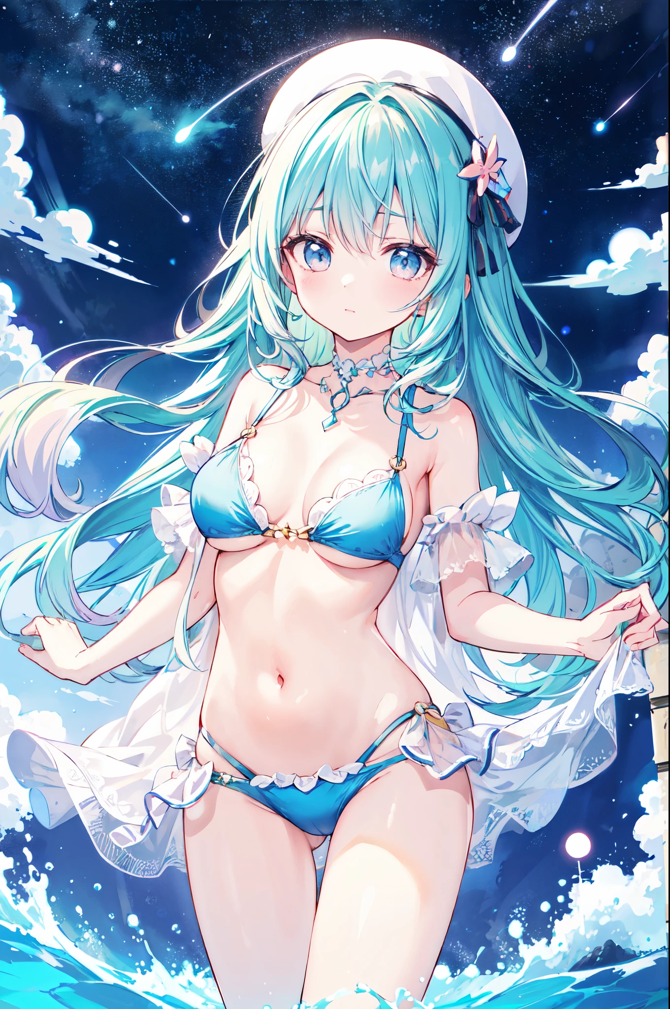 （masterpiece）、(highest quality)、((Super detailed))、(super delicate)、pastel colored hair、beautiful breasts、Eroi Bikini、Sea of night、fantastic starry sky