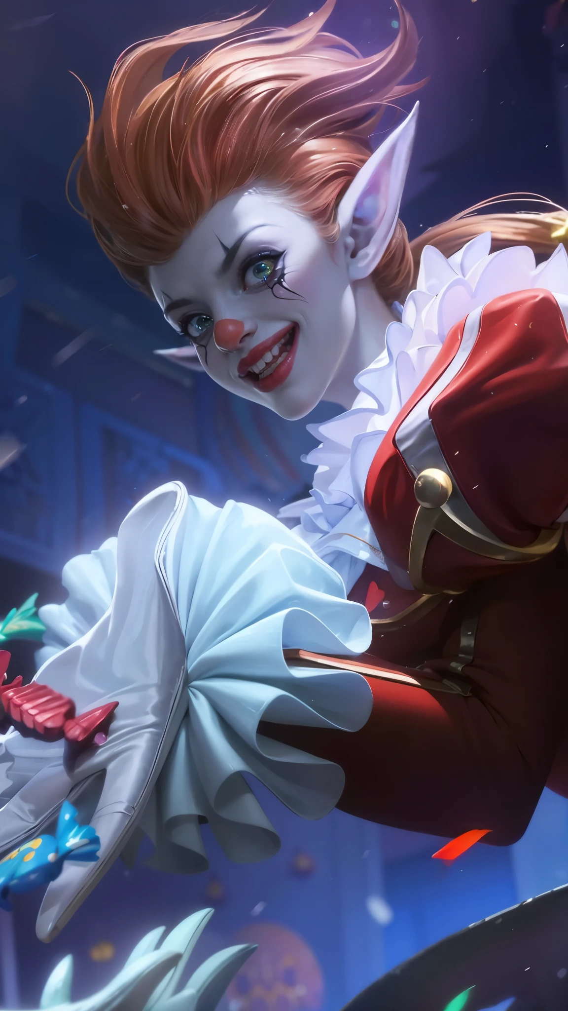 a close up of a clown with a clown makeup on, cutecore clowncore, orianna, official splash art, shaco from league of legends, splash art, kda, iconic character splash art, artgerm detailed, league of legends splashart, league of legends splash art, portrait death clown, portrait of a joker, character splash art, 8k, ultra hd, ultra detailed texture, hyper realistic, masterpiece, detailed texture, detailed face, detailed skin, detailed lighting, (photorealistic:1.5), best quality, beautiful lighting, cinematic lighting, professional lighting, ultra highres, realistic, detailed hair, real hair, high quality, (realskin:1.5), extremely detailed, finely detail, ultra-detailed, elf ear, hand holding candy