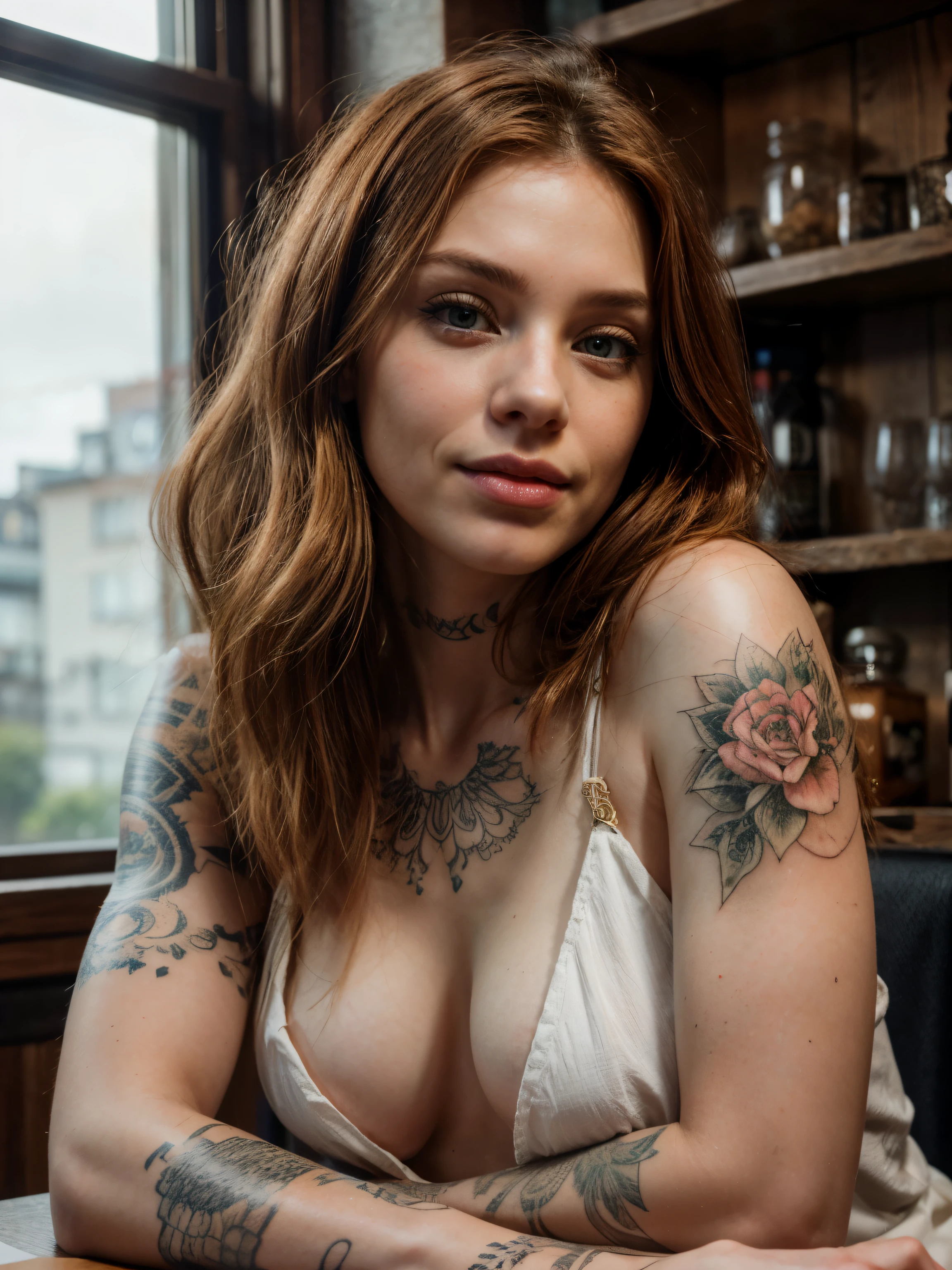 (realistic,tattooed,ginger:1.1)detailed girl(realistic, photorealistic:1.37),straight hair,detailed eyes, exposed and detailed arms (best quality,4k,8k,highres,masterpiece:1.2),wearing a dress,fine lines tattooed on both arms, sitting in a snack bar,hands on the table,lit by warm golden light,smiling face,relaxed pose,delicate facial features, looking at the viewer.