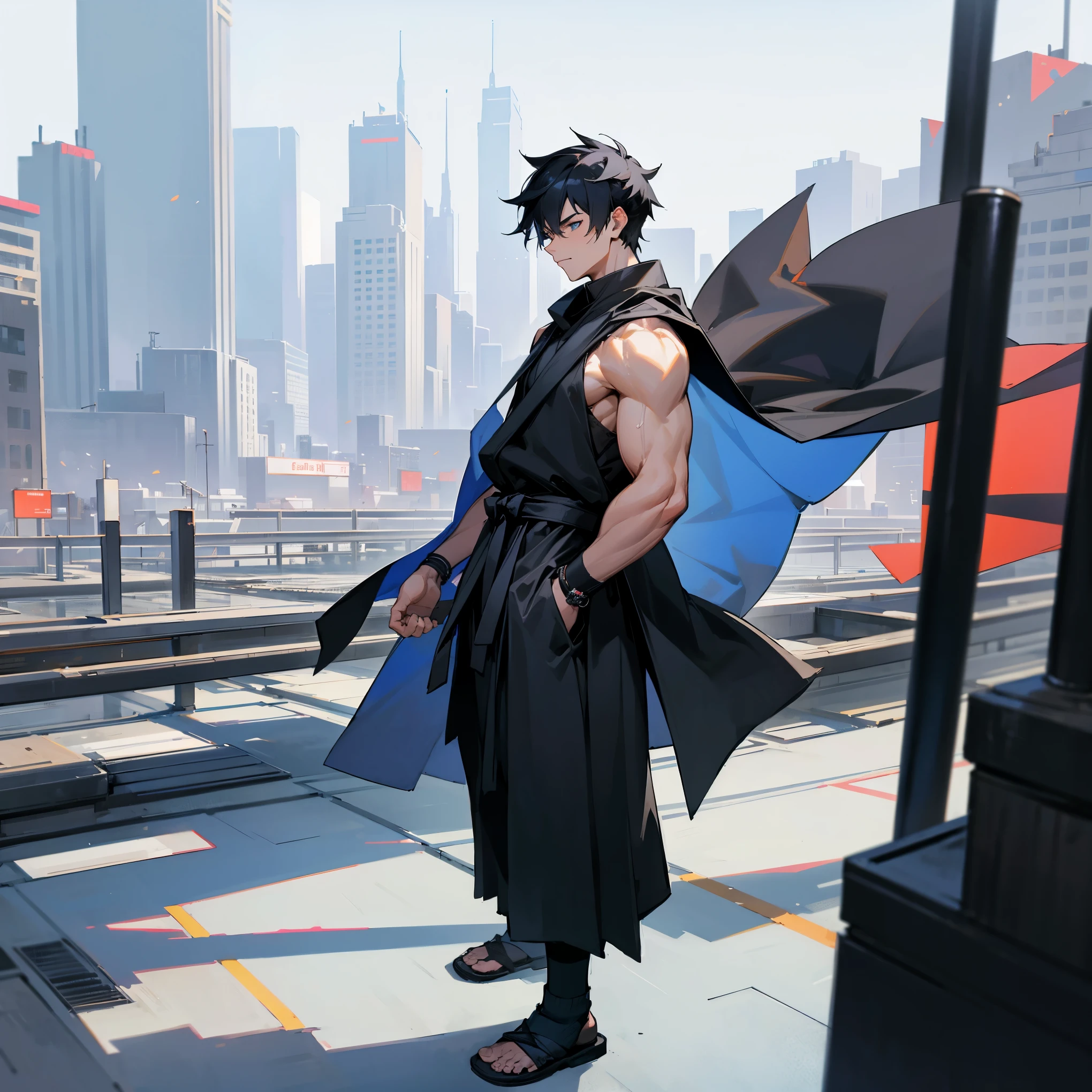 1male , Lean Muscular Build , Sleeveless Black Robes , Baggy Black Pants , Socks with Sandals , Modern City Background , Standing on path