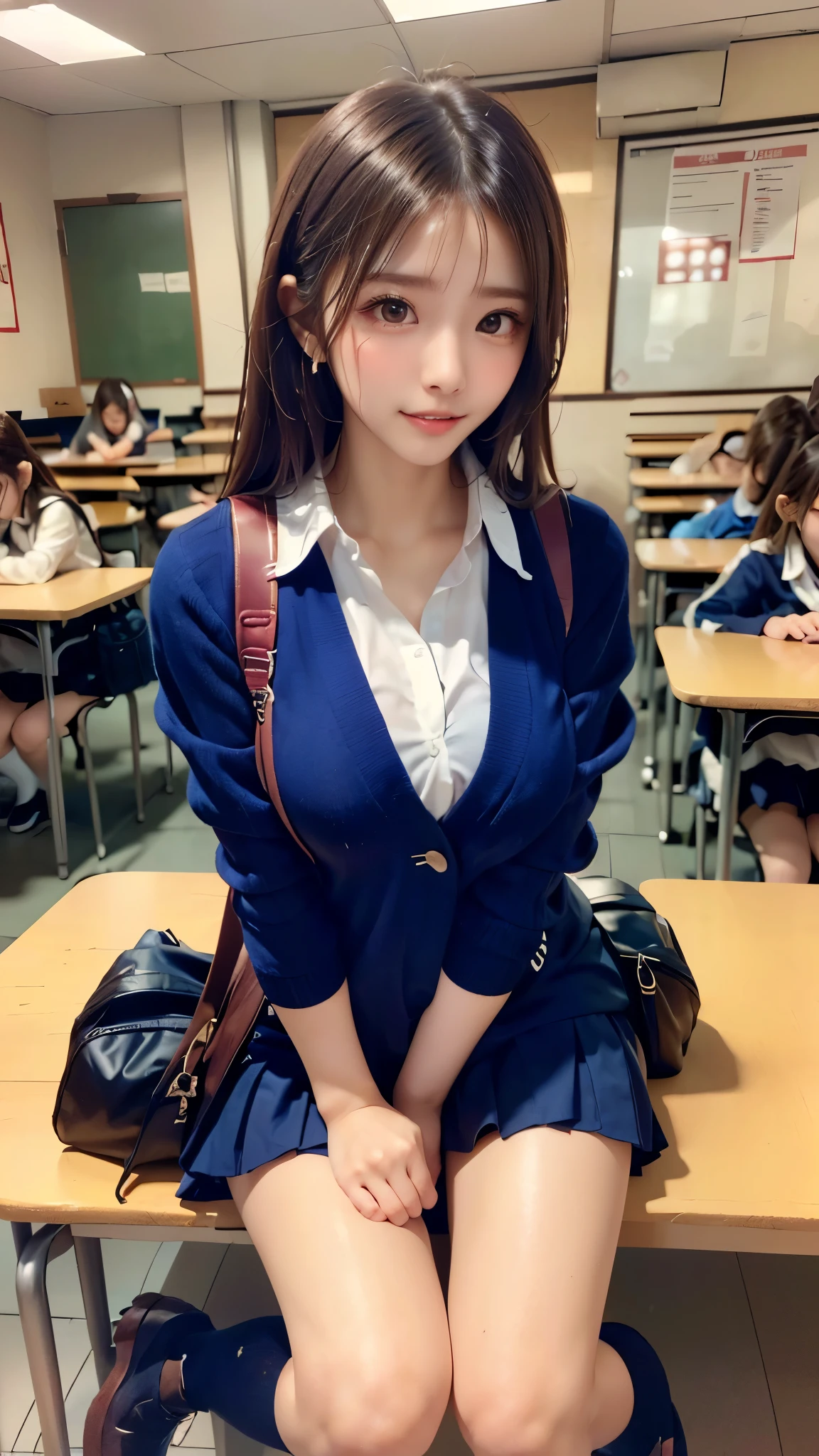 mix4, (16 K, Raw photography, Top image quality, ​masterpiece: 1.45), (realisitic, Photorealsitic: 1.37), one girls, cute little, A city scape,, profetional lighting, photon maping, school classrooms, physically-based renderingt, dark brown  hair,pony tail hairstyle, Well-groomed and beautiful eyes、((double eyelid))、Transcendent Cute Girl, (((student clothes、blazers、Long sleeve shirt worn by Japan high school girl、Ribbon Ties、Dark blue mini skirt,、Dark blue socks、Black loafers))), Top Quality Photos, hight resolution, 1080p, (clearface), (Detailed face description), (Detailed hand description), (​masterpiece), (Exquisite CG)、extreme light and shadows、dishevled hair、master work、abundant detail、(Fine facial features)、(top quality photo)、(masuter piece)、(A detailed eye)、Look in front of you、Fine clavicle、((Slender big))、(((Japan schoolgirls wear jackets and long-sleeved shirts)))、((Neat and clean idol))、((School Gate、school ground、School building in the background))、(Shooting from random perspectives)、(((Anyway cute)))、earrings、A big smile、Drawing the whole body from the knees、Do not draw nasolabial folds、(((Sports bags used by Japan schoolgirls)))、(Big breasts that hang down big:1.2)、Big buttocks with tension、Two arms and two legs、(((from the front side:0.7)))、bare hand、(((Left and right symmetrical eyes)))、Standing Pose、Put your hands on your desk、Do not take the tie out of the jacket、Raise your buttocks:1.5，barebacked:1.5，