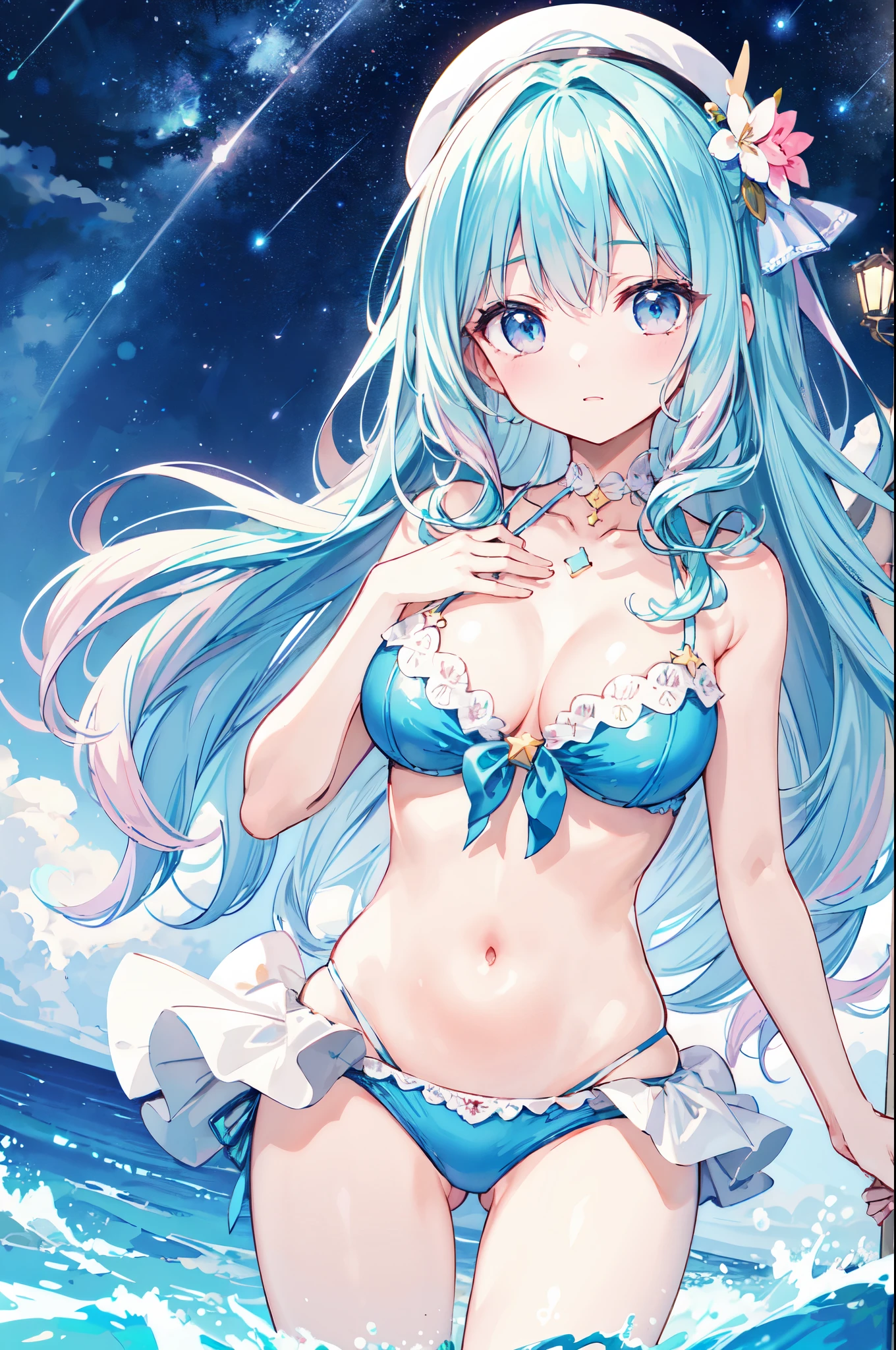 （masterpiece）、(highest quality)、((Super detailed))、(super delicate)、pastel colored hair、beautiful breasts、Eroi Bikini、Sea of night、fantastic starry sky