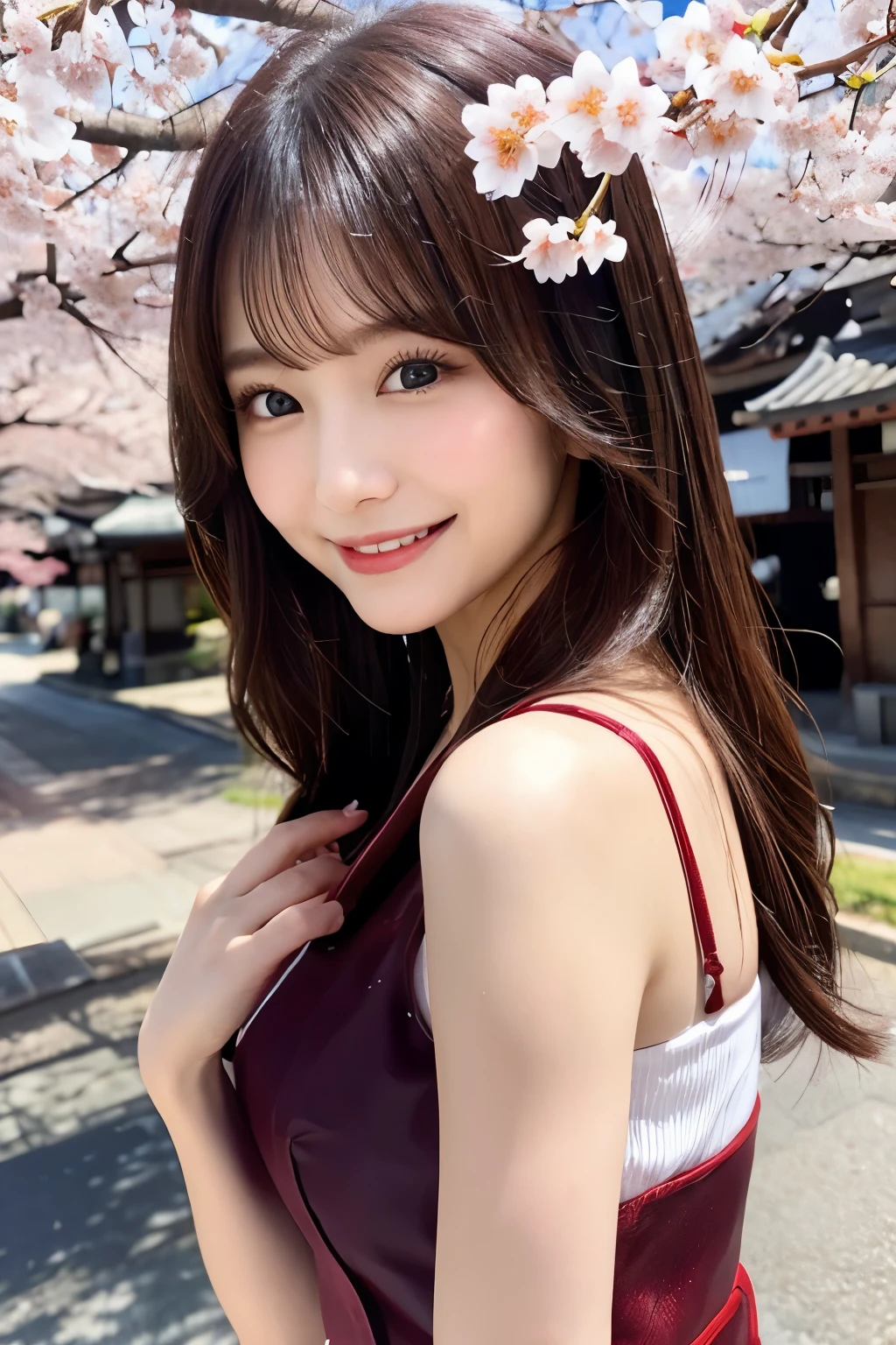 hostess&#39;s face、OL、high quality、surreal、healthy、smiling face、Slender perfect figure、japan beauty、 perfect eyes、beautiful skin、cherry blossoms、cherry blossoms並木、cherry blossoms吹雪