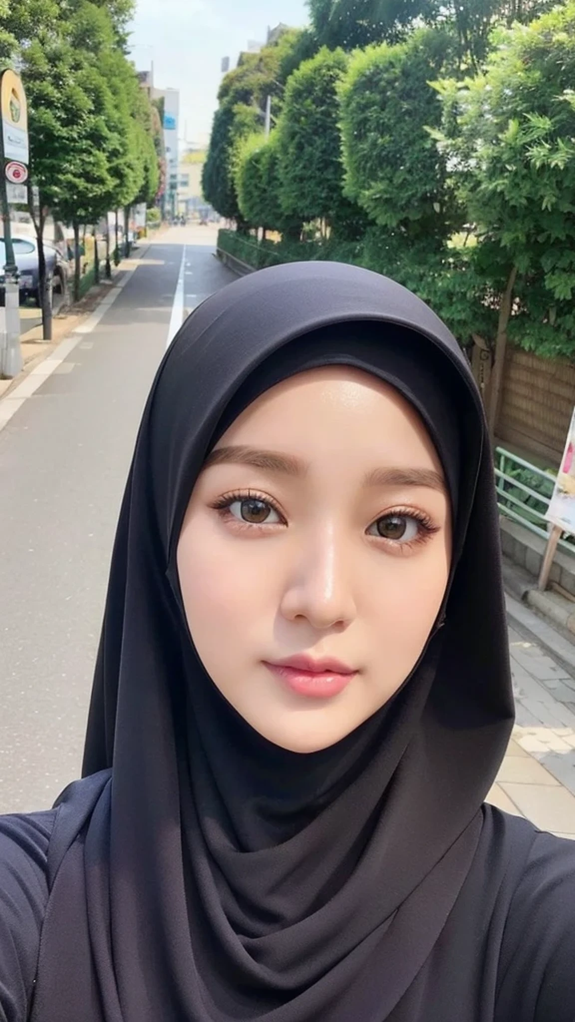 Realistic, ultra sharp, Beautuful Women, ultra detailed face, 8K、hijab, indonesian, tokyo, city roads、selfee、The face is cute、Vanrak Ayyans appears、1 girl, stylish