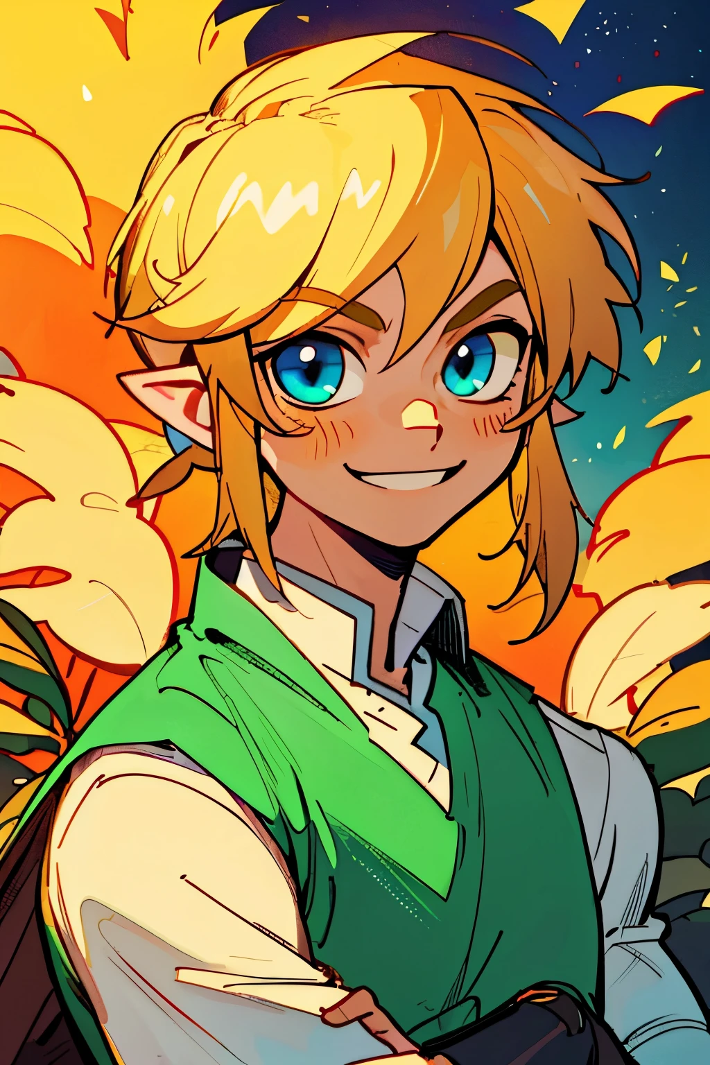(best quality, masterpiece), 1boy, legend of zelda, link, smile, blonde, upper body,write Ayush_35