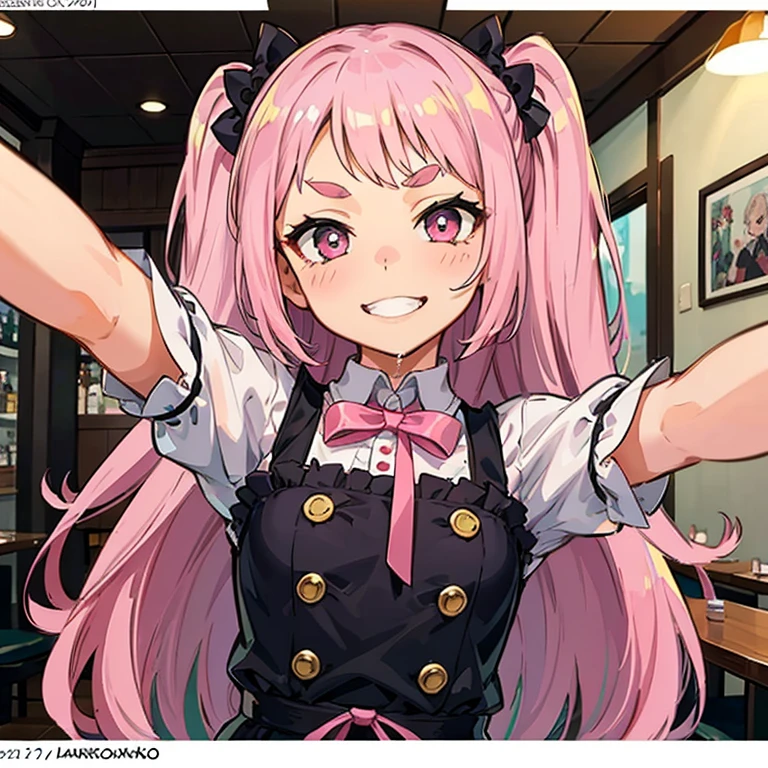 Girl with pink hair, long double-tailed hairstyle, ((small pink bushy eyebrows)), wearing lolita clothing, , lolicon (Zankuro) drawing style by zankuro artist, Zancro style, image uploaded to R34, flirty smile, showing one breast outside the shirt, face very close to the camera, moan and drool) happy face wavy smile ,  take a selfie from below, close-up, (( showing pubes )), in restaurant