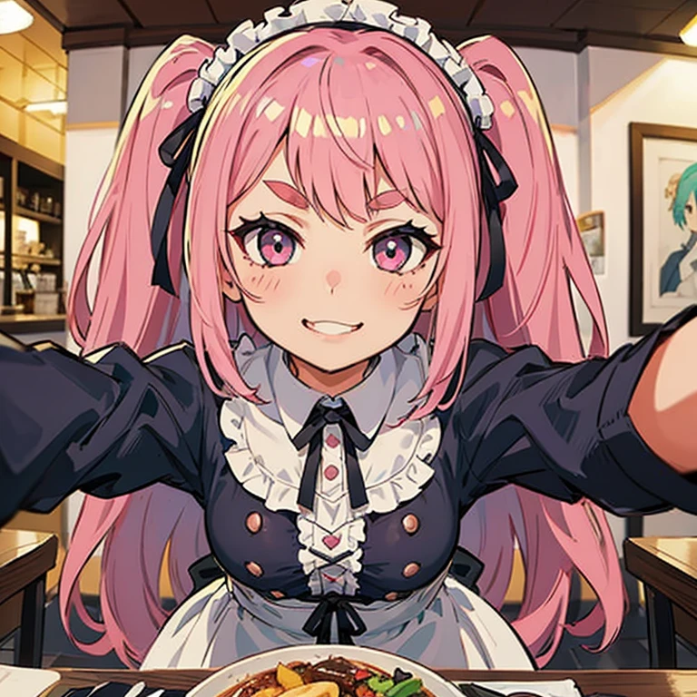 Girl with pink hair, long double-tailed hairstyle, ((small pink bushy eyebrows)), wearing lolita clothing, , lolicon (Zankuro) drawing style by zankuro artist, Zancro style, image uploaded to R34, flirty smile, showing one breast outside the shirt, face very close to the camera, moan and drool) happy face wavy smile , take a selfie from below, close-up, (( showing pubes )), in restaurant
