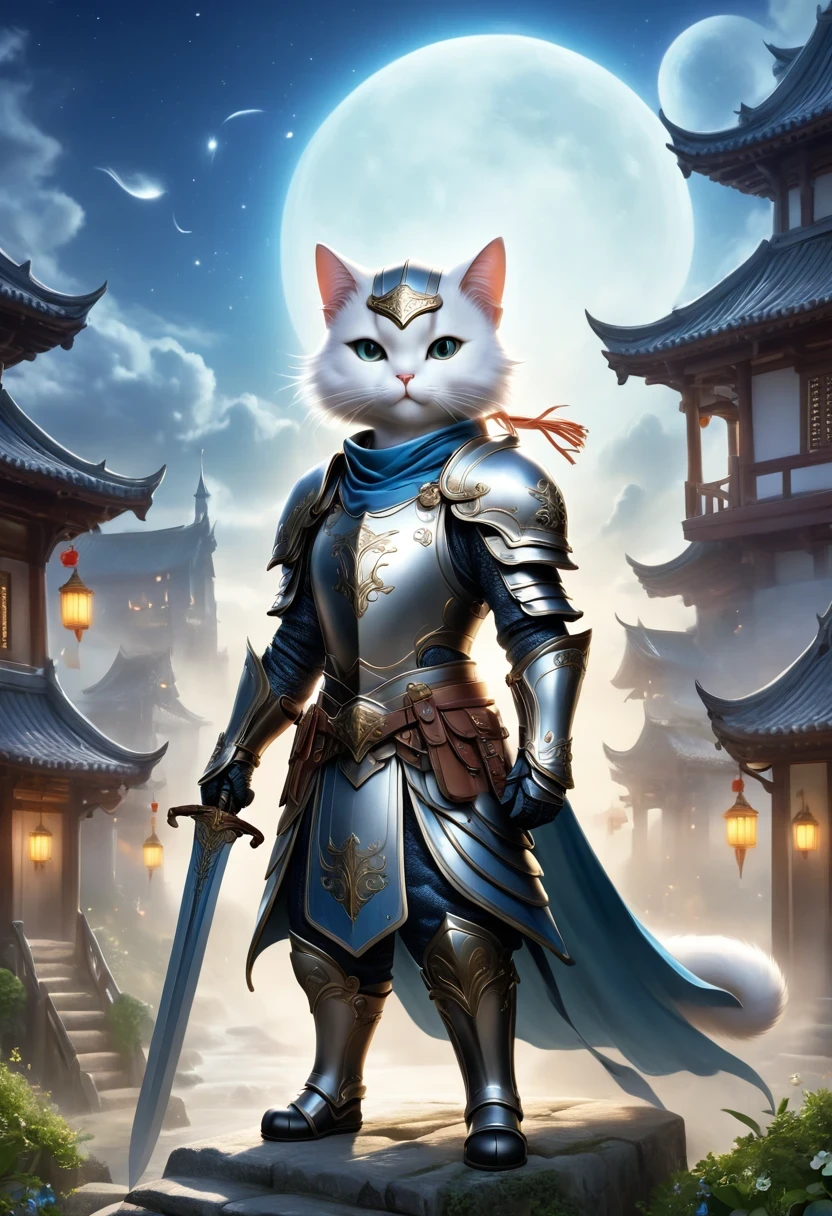A fantasy of a Kavachi-style seaside village, Rendering in cinema4d, (Anthropomorphic Cat:1.5)，A cat knight in armor，Holding the holy sword，wearing a helmet，slim，holy sword，middle Ages，Creative character design, Whimsical cartoon style, 32k Ultra HD，2. 5D CGI anime fantasy artwork, epic fantasy art style hd, Digital 2D Fantasy Art, digital fantasy art ), xianxia fantasy, digital art fantasy art, Beautiful celestial mage, Epic fantasy digital art style, fantasy art style, xianxia hero, Anime Fantasy Illustration
