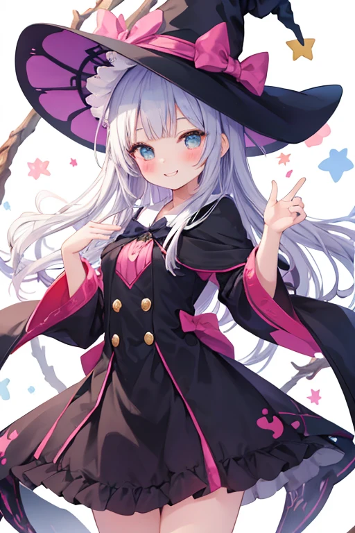 Only one girl、Lori、独奏、Beautiful girl with long gray hair、animesque、Cat ears on the head、A vivid erotic magic costume with a purple base that exposes the cleavage.、a short skirt、witch's hat、large boob、Standing facing the front、Displays the whole body from head to toe、Frontal camera work