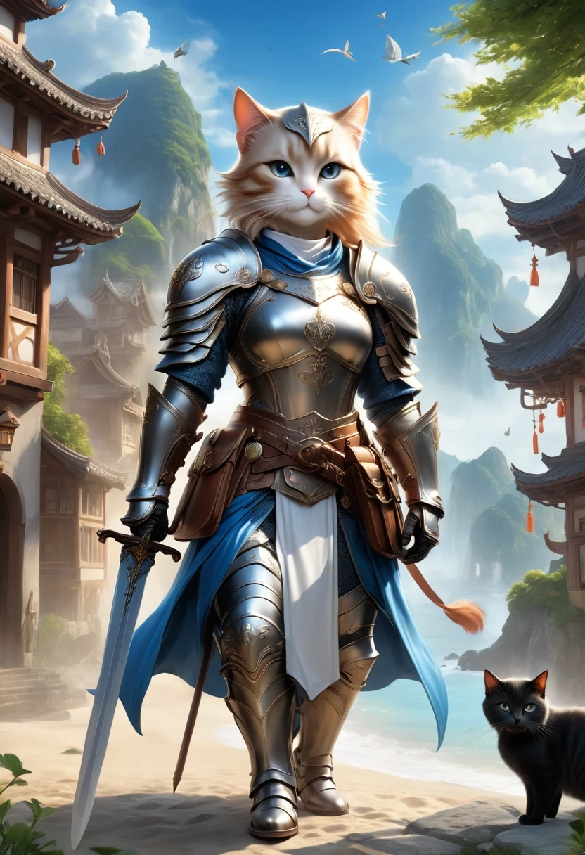 A fantasy of a Kavachi-style seaside village, Rendering in cinema4d, (Anthropomorphic Cat:1.5)，A cat knight in armor，Holding the holy sword，wearing a helmet，slim，holy sword，middle Ages，Creative character design, Whimsical cartoon style, 32k Ultra HD，2. 5D CGI anime fantasy artwork, epic fantasy art style hd, Digital 2D Fantasy Art, digital fantasy art ), xianxia fantasy, digital art fantasy art, Beautiful celestial mage, Epic fantasy digital art style, fantasy art style, xianxia hero, Anime Fantasy Illustration