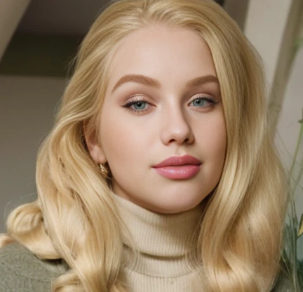 Beautiful woman with long blond hair and a turtleneck sweater, yelena belova, ava max, blonde hair and large eyes, pale skin curly blond hair, a girl with blonde hair, dasha taran, ellie bamber, ellie bamber fairy, long blonde hair and large eyes, aleksandra waliszewska, extremely pale blond hair