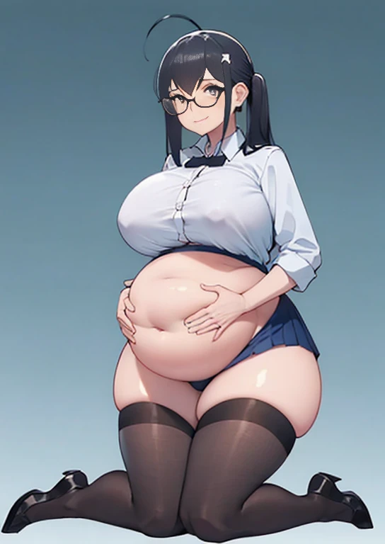 (masterpiece, best quality, highly detailed), 1girls, big belly, blurry background, huge belly, art by kipteitei, round belly, chubby, curvy, simple_background, gradient_background, belly grab, enormous belly, fat belly, thicc, bigger belly, really big belly, jiggly belly, shirt covering belly, belly cover by shirt, glasses, (((((((mommy)))))), casual clothes, skirt, thighhighs, ((full body)), long hair