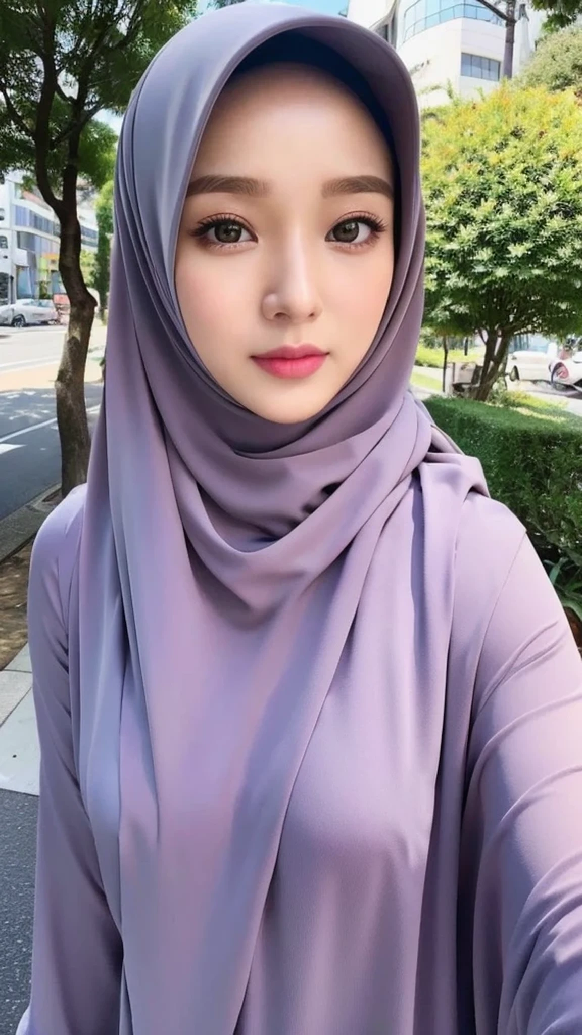 Realistic, ultra sharp, Beautuful Women, ultra detailed face, 8K、hijab, indonesian, tokyo, city roads、selfee、The face is cute、Vanrak Ayyans appears、1 girl, stylish