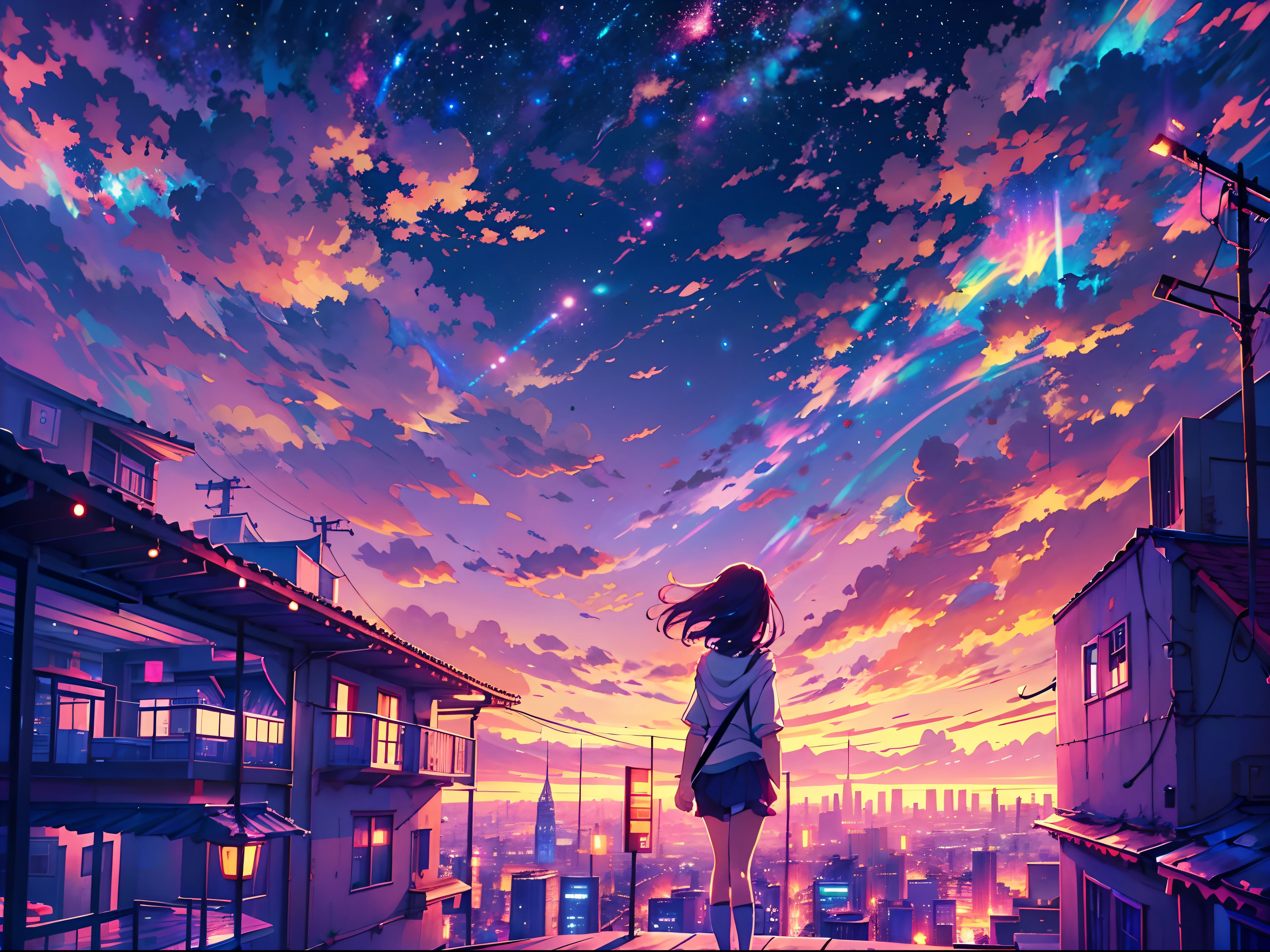 Anime girl standing on a rooftop looking at the night sky with stars and rainbows, The night of the rainbow stars, anime wallpaper 4k, anime wallpaper 4 k, 4k anime wallpaper, Anime Art Wallpaper 8 K, anime art wallpaper 4k, anime art wallpaper 4k, animation style 4k, makoto shinkai cyril rolando, 4k cartoon wallpaper, anime wallpaper, amazing wallpaper, shooting star