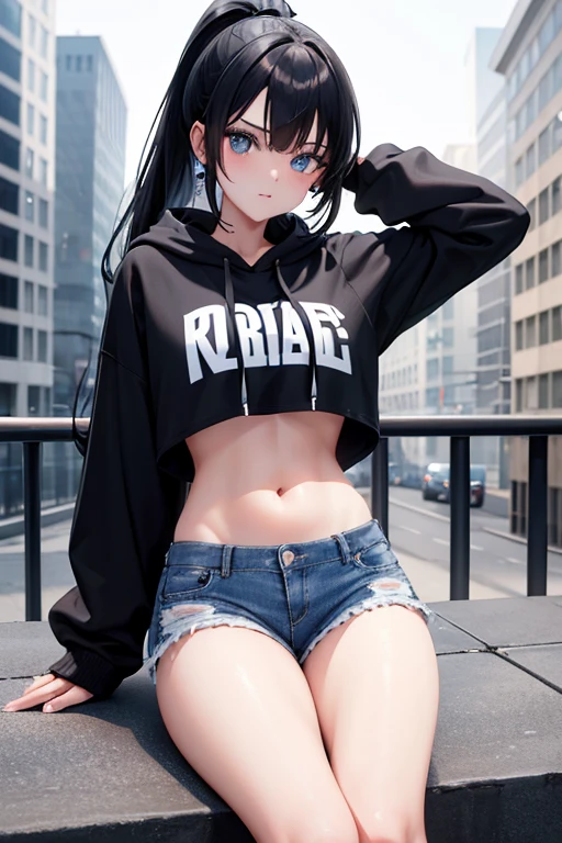 1 girl, long black hair, ponytail, blue eyes, wearing white hoodie, crop top hoodie, denim shorts, city, absurdres, high res, ultrasharp, 8k, masterpiece, looking at viewer, 