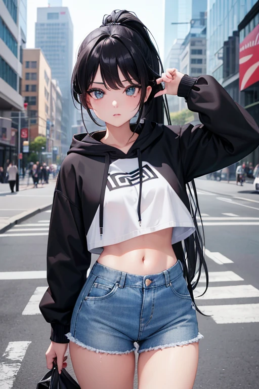 1 girl, long black hair, ponytail, blue eyes, wearing white hoodie, crop top hoodie, denim shorts, city, absurdres, high res, ultrasharp, 8k, masterpiece, looking at viewer, 