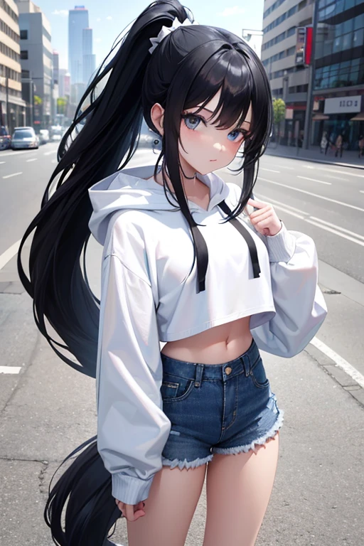 1 girl, long black hair, ponytail, blue eyes, wearing white hoodie, crop top hoodie, denim shorts, city, absurdres, high res, ultrasharp, 8k, masterpiece, looking at viewer, 