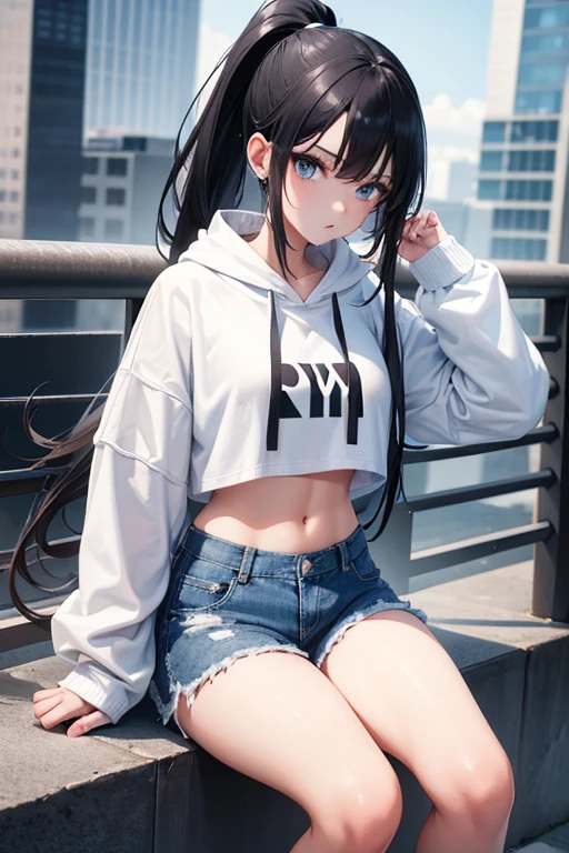 1 girl, long black hair, ponytail, blue eyes, wearing white hoodie, crop top hoodie, denim shorts, city, absurdres, high res, ultrasharp, 8k, masterpiece, looking at viewer, 