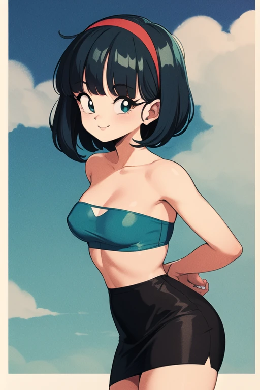 masterpiece, best quality, highres, 1 girl, solo, 1980s \(style\), dragon ball, blmmid, aqua hair, medium hair, blunt bangs, red hairband, medium breasts, bare shoulders, red strapless shirt, black pencil skirt, cowboy shot, kawanobe, smile, looking at viewer,