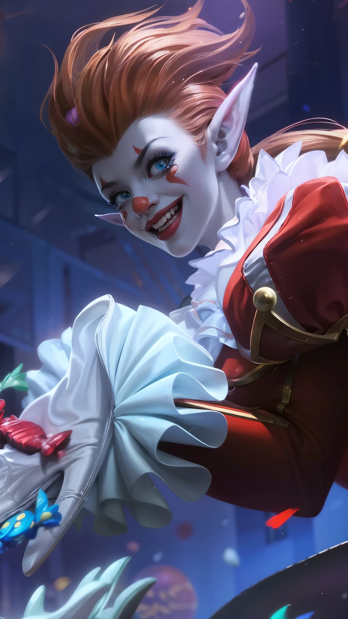 a close up of a clown with a clown makeup on, cutecore clowncore, orianna, official splash art, shaco from league of legends, splash art, kda, iconic character splash art, artgerm detailed, league of legends splashart, league of legends splash art, portrait death clown, portrait of a joker, character splash art, 8k, ultra hd, ultra detailed texture, hyper realistic, masterpiece, detailed texture, detailed face, detailed skin, detailed lighting, (photorealistic:1.5), best quality, beautiful lighting, cinematic lighting, professional lighting, ultra highres, realistic, detailed hair, real hair, high quality, (realskin:1.5), extremely detailed, finely detail, ultra-detailed, elf ear, hand holding candy