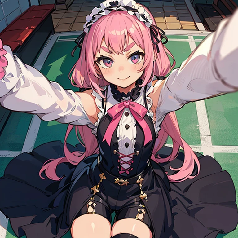 Girl with pink hair, long double-tailed hairstyle, ((small pink bushy eyebrows)), wearing lolita clothing, marked vagina, lolicon (Zankuro) drawing style by zankuro artist, Zancro style, image uploaded to R34, flirty smile , ((showing the pubes)) in a restaurant, facing the camera, camera from above, looking with a very flirtatious face, with her breasts out, inviting to have sex with her legs open, stretching her hands to be taken in her arms