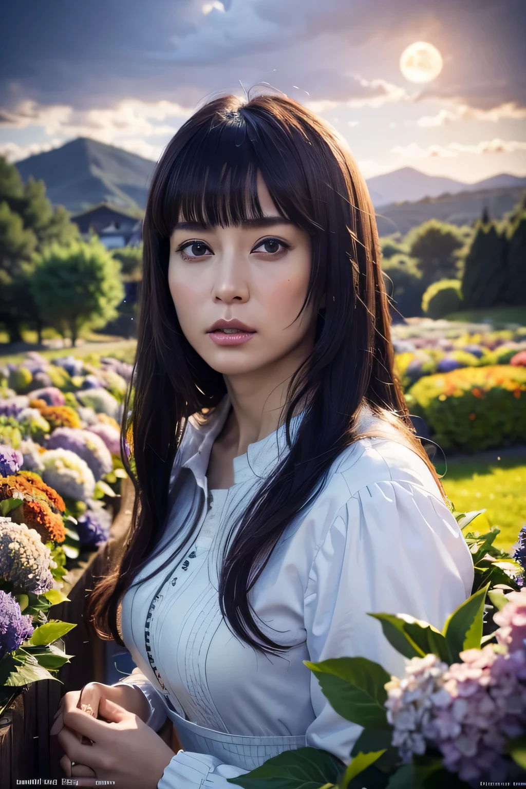 masterpiece, 最high quality, high quality, very detailed CG 8k wallpaper unit, scenery, outdoor, set up, medieval tavern, Autumn sky, Autumn Dusk, autumn、winter, cloudy sky, Big shining moon, award winning photography, Depth of the bounds written, HDR, flowers, squirt, hydrangea, realistic, very detailed, Complex, high detail, dramatic, Art along the way, art station trends, Trends in CG society, chromatic aberration.narrow eyes、bangs bangs、skinny、brown hair