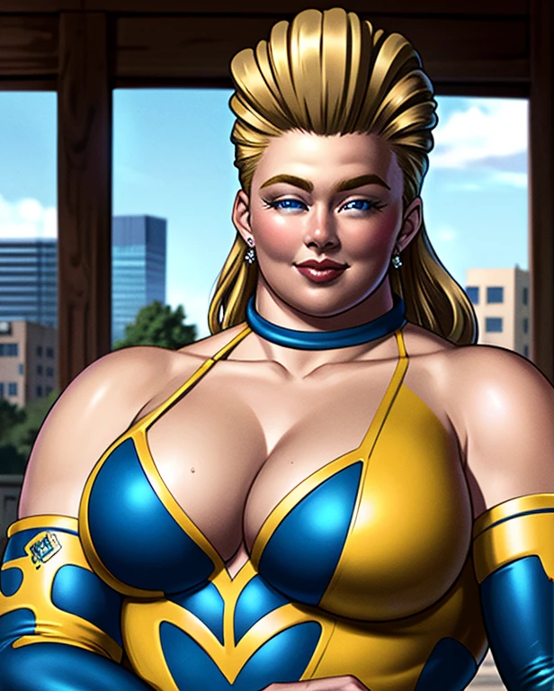 (intricately detailed, highest quality, High resolution, highly detailed skin:1.4), Upper body, (motherly smile:1.1), looking at the viewer, outdoor scene, grassland, m4rytbl, (chubby woman:1.5), big breasts, blue eyes, small eyes,lips, (Long blond hair slicked back:1.3), (Blue Wrestling Costume, sleeve, exposed chest,exposed shoulders, Fenestration:1.2),