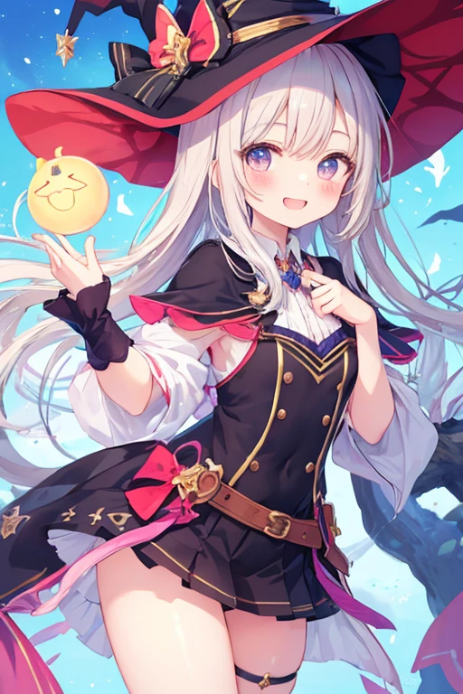 beautiful illustrations, highest quality, pretty girl,beautiful girl、clear face、 half girl、pastel colour 、smile、blush、にこやかなsmile、thighs、perfect hands、five fingers、witch、magic、fantasy