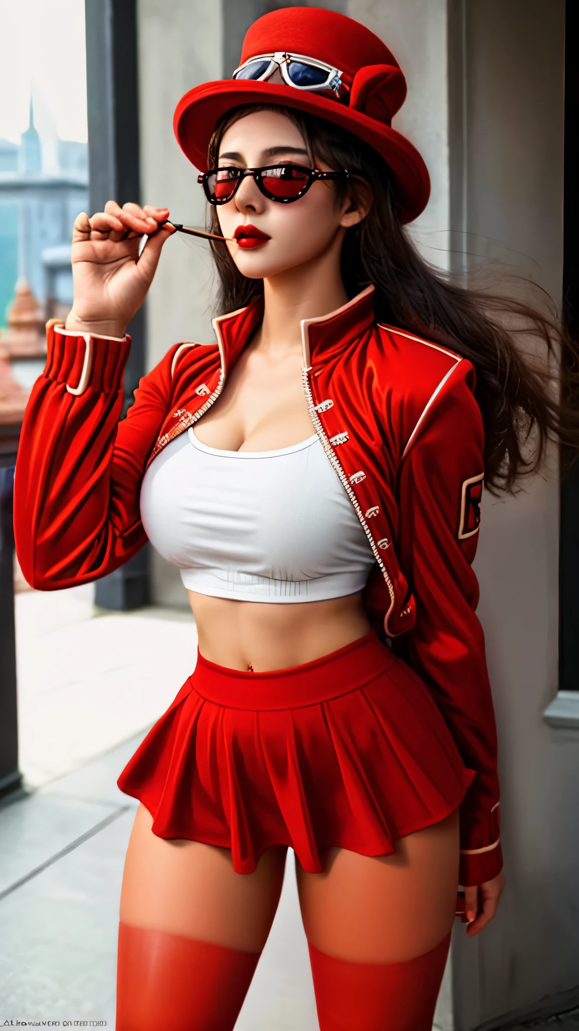 a woman,BeloBetty, sunglasses, hat, red outfit, portrait, medium breasts, thick thighs, small waist, curvy, muscular body, wearing red mini-skirt, highly detailed hair, detailed clothes, high quality artwork, 12k quality, cinematic light, dynamic light