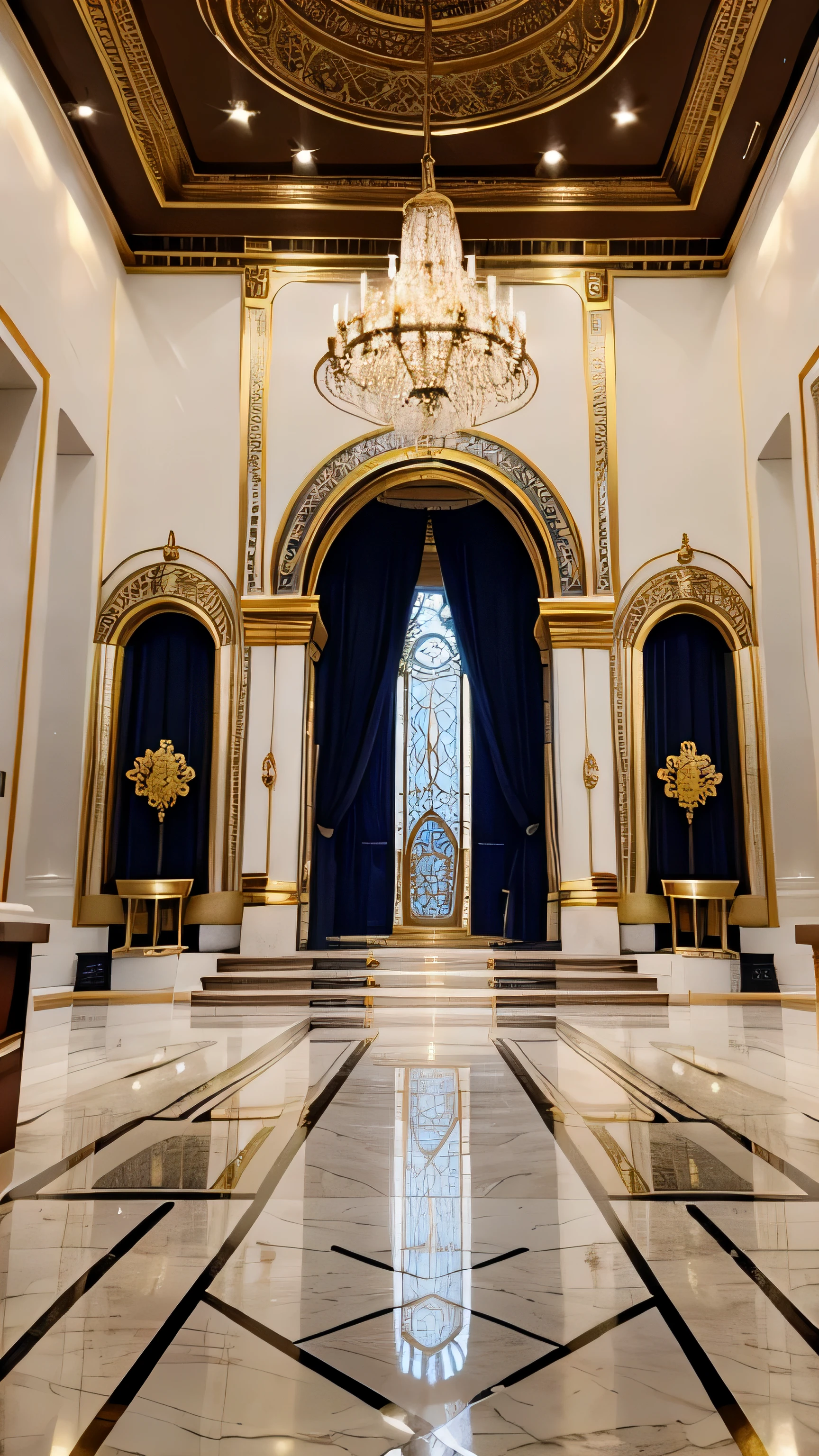 (4k, HD, Realistic.) an image of a large white and gold building with a blue floor, the throne room of truth is white, thone room background, exquisitely designed throne room, thai throne room, light kingdom backdrop, ornate and intricate backdrop, a mystical temple, roman architecture, inside a palace, huge futuristic temple city, roman art, from inside the giant palace