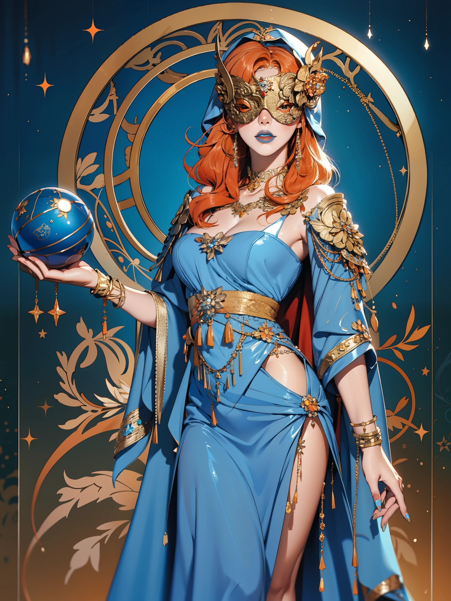 realistic:1.4, hood up:1.2, orange hair, covered eyes, long hair, hair over shoulder, robe, blind mask, danceroutfit, light blue clothes, crystal ball, sphere, cape, blue lipstick, cleavage, 1girl, solo, (masterpiece:1.6, best quality),