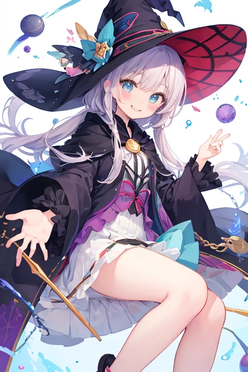 _girl,_loli_,iabellze, blue eyes, blonde hair, purple hair, multicolored hair, witch hat, white coat, white bodysuit, multiple belts, legs, dynamic angle