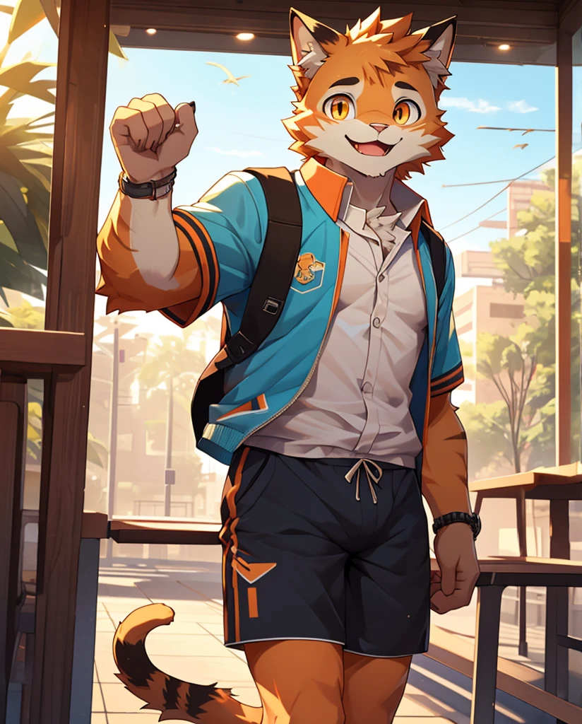 (masterpiece)，(Very detailed)，(best quality)，hairy，Cat，orange fur，Vivid eyes，golden pupils，cute style，Sunny and cheerful，(Short-sleeved shorts casual suit)，((funny expression))，8K，(high quality)，(ultra high definition)，(super detailed)(university student)