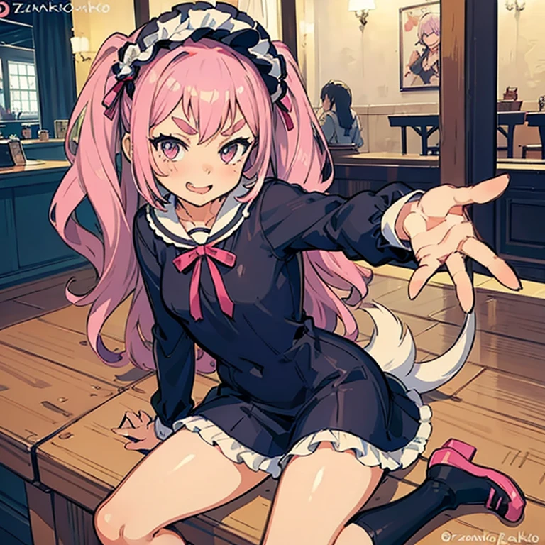 Girl with pink hair, long double-tailed hairstyle, ((small pink bushy eyebrows)), wearing lolita clothing, , lolicon (Zankuro) drawing style by zankuro artist, Zancro style, image uploaded to R34, flirty smile, showing one breast outside the shirt, face very close to the camera, moan and drool) happy face wavy smile , showing pubis, in restaurant