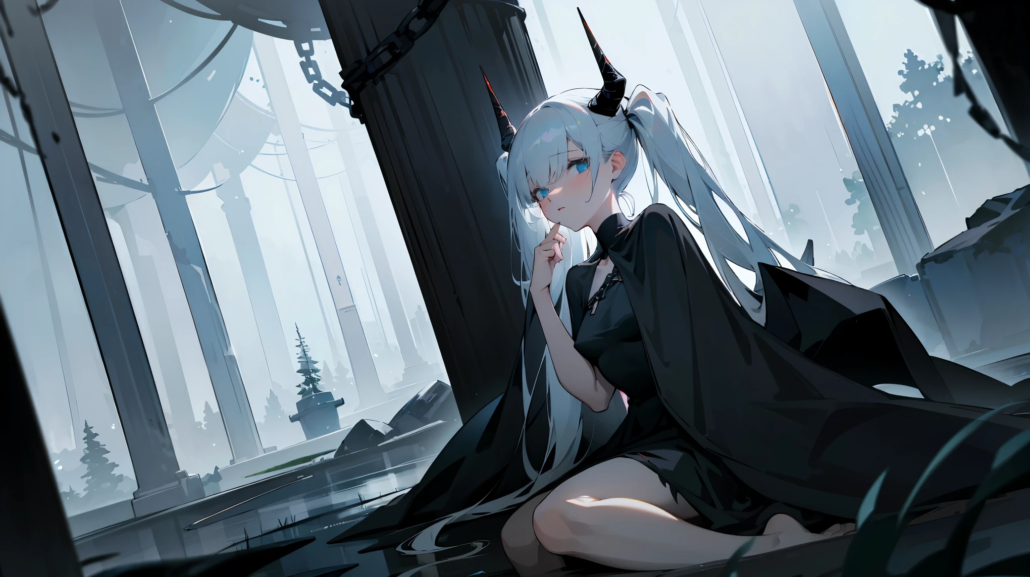 (best quality,highres,masterpiece:1.2),(flatten art:0.75), masterpiece, best quality, 1woman, Anime, darker environment, long twintail hair, black horn, straight white hair, black cloth, (revealing cloth:1.5), thin clothes, enticing, night, dark, dark fantasy ruin hall, looking at viewer, solo, faint moonlight, enticing smile, close-up, sitting, seducing the viewer, cold face, (both hand chained upward)