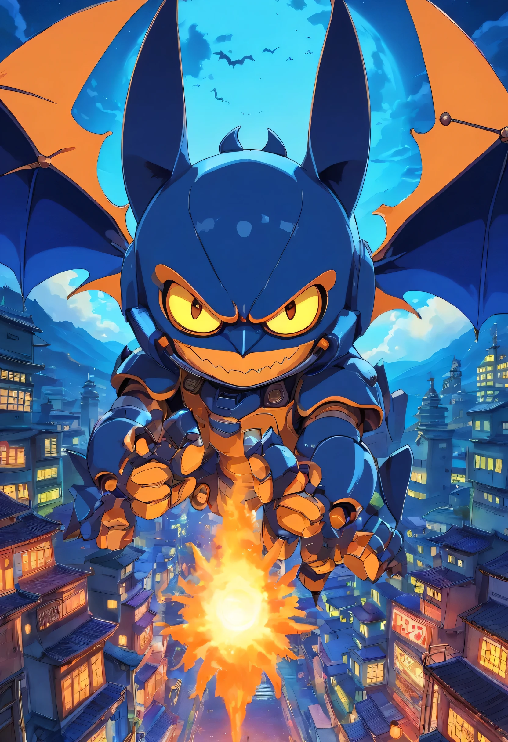 robot bat, olhos grandes, cartoon, fundo com fogo azul