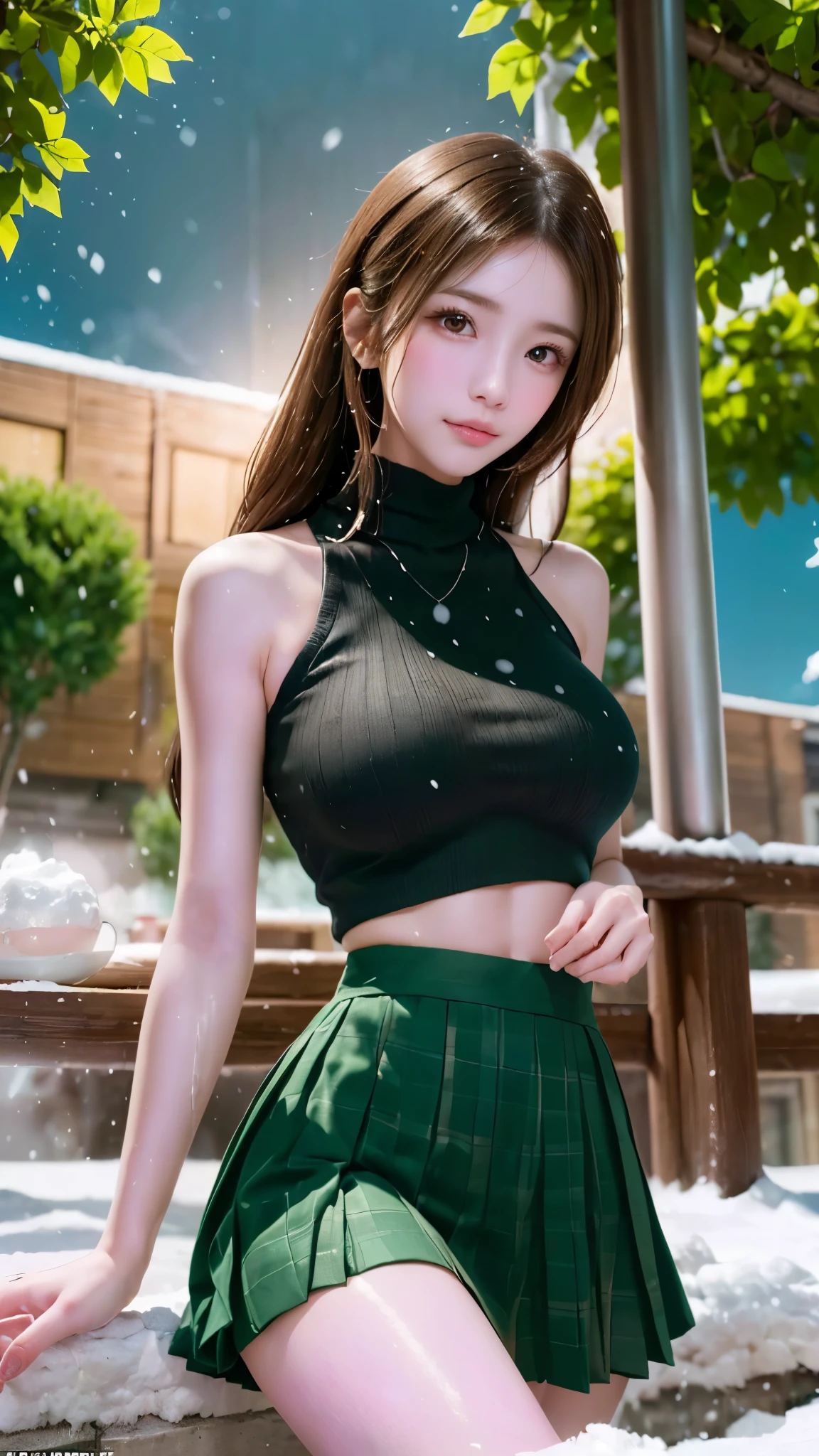 (((masterpiece:1.4, Best Quality:1.4, 8K, ultra high res, Physically Based Rendering))), sharp focus, flat lighting, ultra Beautiful Sexy Woman, very pretty Japanese women, perfect body:1.1, 24yo, solo, (Detailed large light brown droopy eyes), detailed thin eyebrows, Highlights in the eyes, (((brown hair:1.1, low tied half updo:1.2, hair behind ears))), (A strong wind blows her hair:1.4), Highly detailed facial and skin texture, Slender beauty:1.4, ((white fluffy turtleneck knit:1.2, sleeveless:1.4)), ((gigantic breasts:1.6, sideboob:1.2)), (breasts exposed:1.6), small areola, slim abs, narrow waist, (((black plaid pleated miniskirt:1.2))), ((skirt lift:1.6)), ((no panties:1.4)), (detailed beautiful pussy exposed, pubic hair:1.4, cum in pussy:1.5, Cloudy liquid drips from the pussy:1.5),(slim and long beauty legs), (criss cross straps sandals), no makeup, Clear facial features, (smile:1.1, steam on mouth), ((sitting, elegant posed)), (from below:1.3), (on the brooklyn bridge at night:1.4, Night view of New York skyscrapers in the background), (spectacular starry night:1.3), ((It's snowing:1.4)), (incredible sky:1.2),