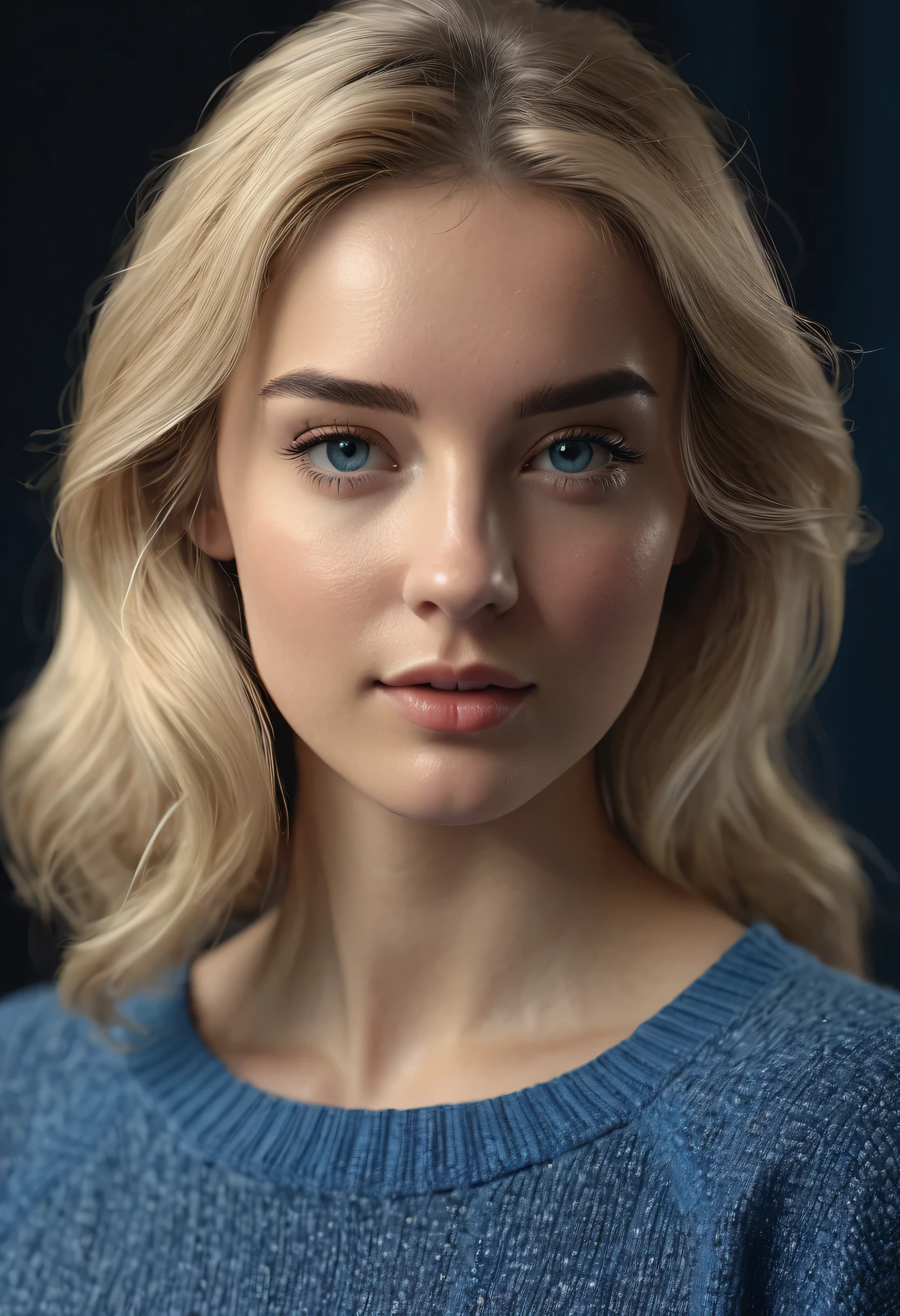 Photorealistic full-length portrait of an insanely beautiful woman, Kate 21 y.o. with blonde hair, in the style of panasonic lumix s pro 50mm f/1.4, light beige and dark azure, celebrity images mashups, soft realism, barbiecore, unreal engine 5, 32k uhd, luminous quality, swiss realism