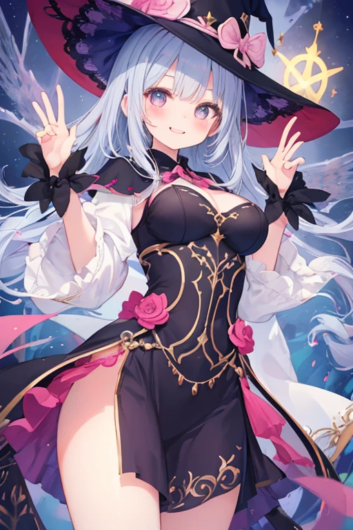 magisa,granblue fantasy,(white and black swim suit:1.5),silver long hair,(flipping bangs),gigantic tits,witch hat,red eyes,smile,wet and see-through,on the sea,caustics,partially submerged,1girl afloat,submerged body, afloat tits,ocean,lying water
