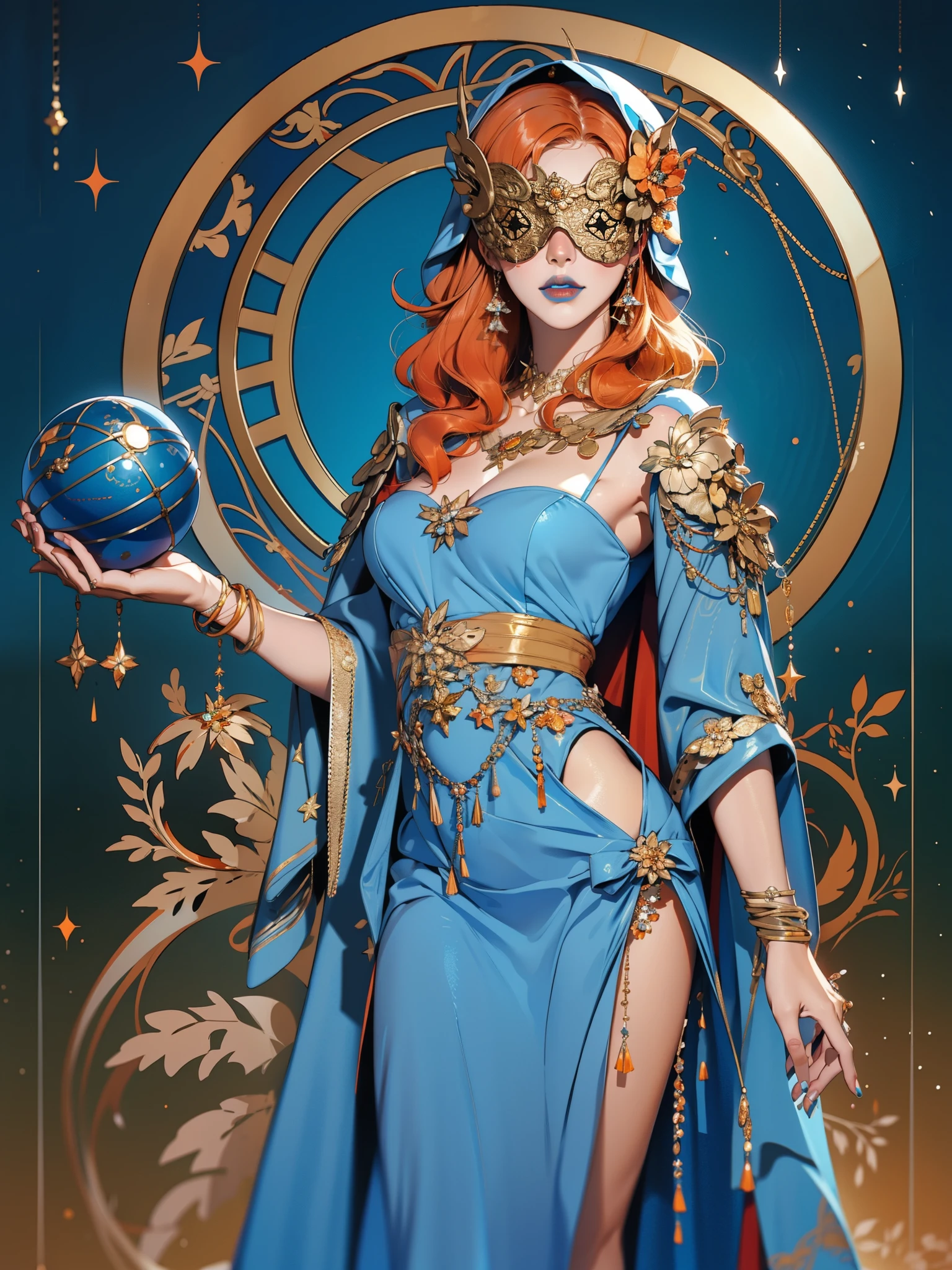 realistic:1.4, hood up:1.2, orange hair, covered eyes, long hair, hair over shoulder, robe, blind mask, danceroutfit, light blue clothes, crystal ball, sphere, cape, blue lipstick, cleavage, 1girl, solo, (masterpiece:1.6, best quality),
